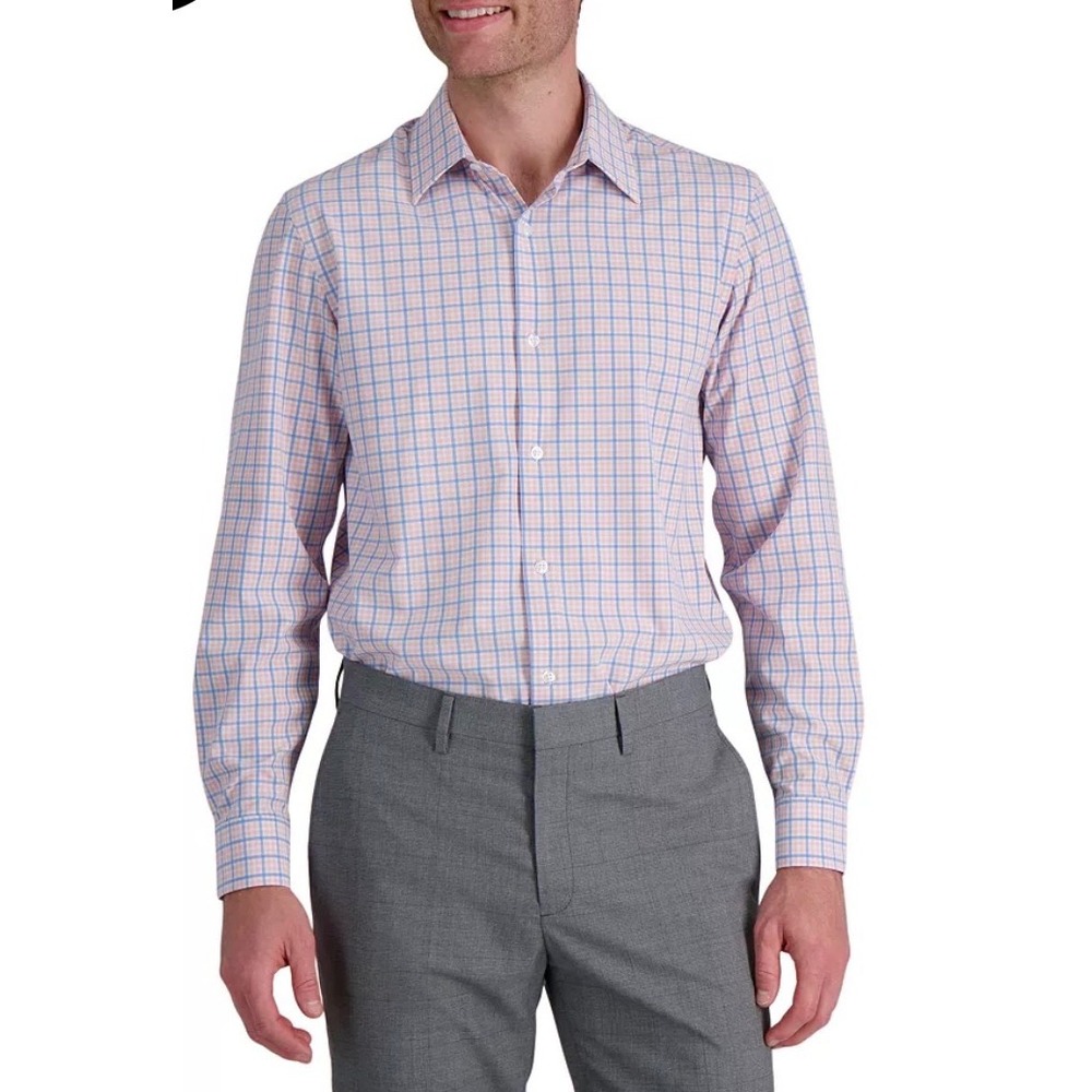 Haggar Smart Wash Dress Shirt Mens 15.5 32/33 Pink Blue Check Slim Fit Stretch